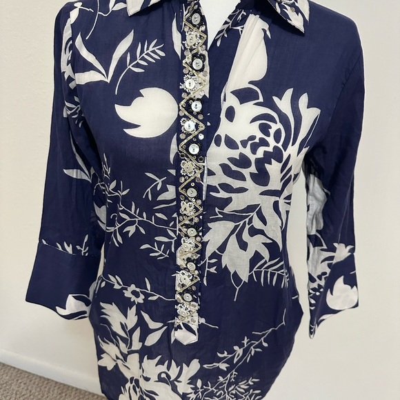 Soft Surroundings Blue Le Jardin Tunic, Cover Up Caftan Embellished Bead… - Picture 2 of 7